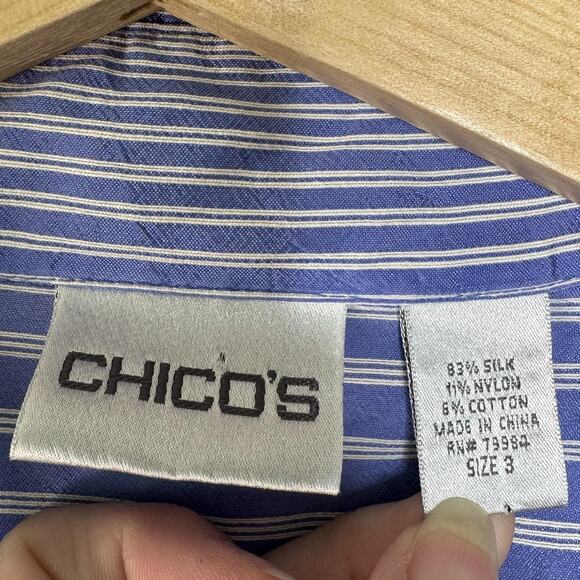 Chico's Shirt Womens 3 XL Blue White Striped Button Front Silk Blend 3/4 Sleeve - Picture 6 of 10